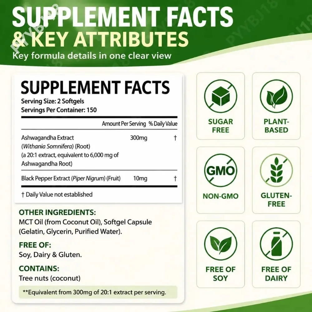 Solo Tree Ashwagandha Complex Softgels Supports Stress Relief Calm Mental Clarity Focus with MCT Oil & Black Pepper 300 Softgels