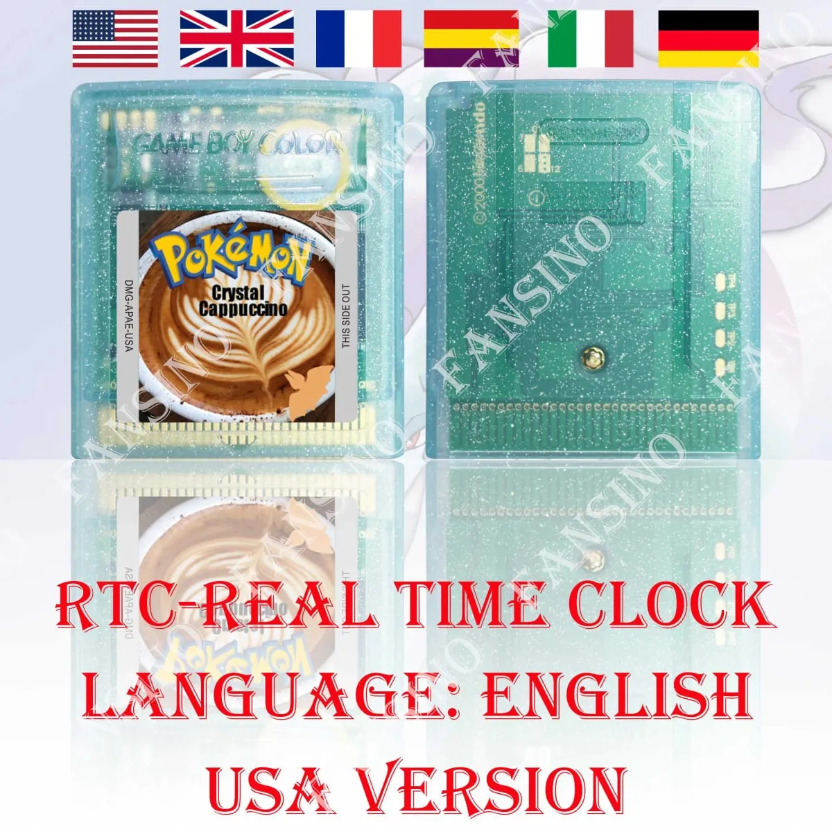 GBC Real Time Clock Pokemon Crystal Cappuccino (v1.0) High Quality GBC Video Game Cartridge With Battery For GBA/GBC
