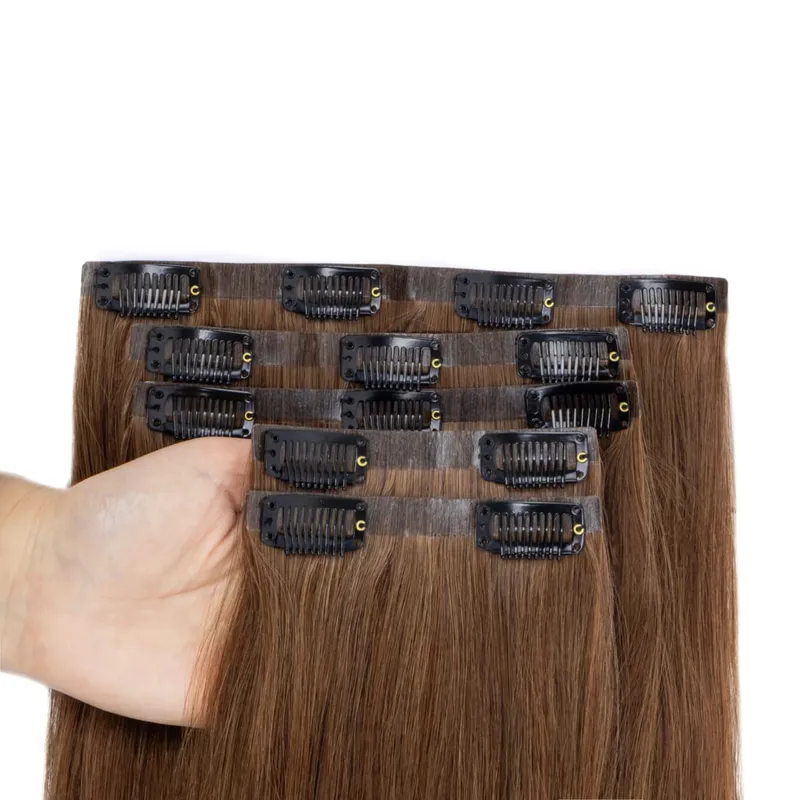 Invisible PU Clip In Hair Extension Human Hair Injected PU Tape Weft Clip in Extension 7Pcs/set 12-24inch 100G 120G Clip On Hair