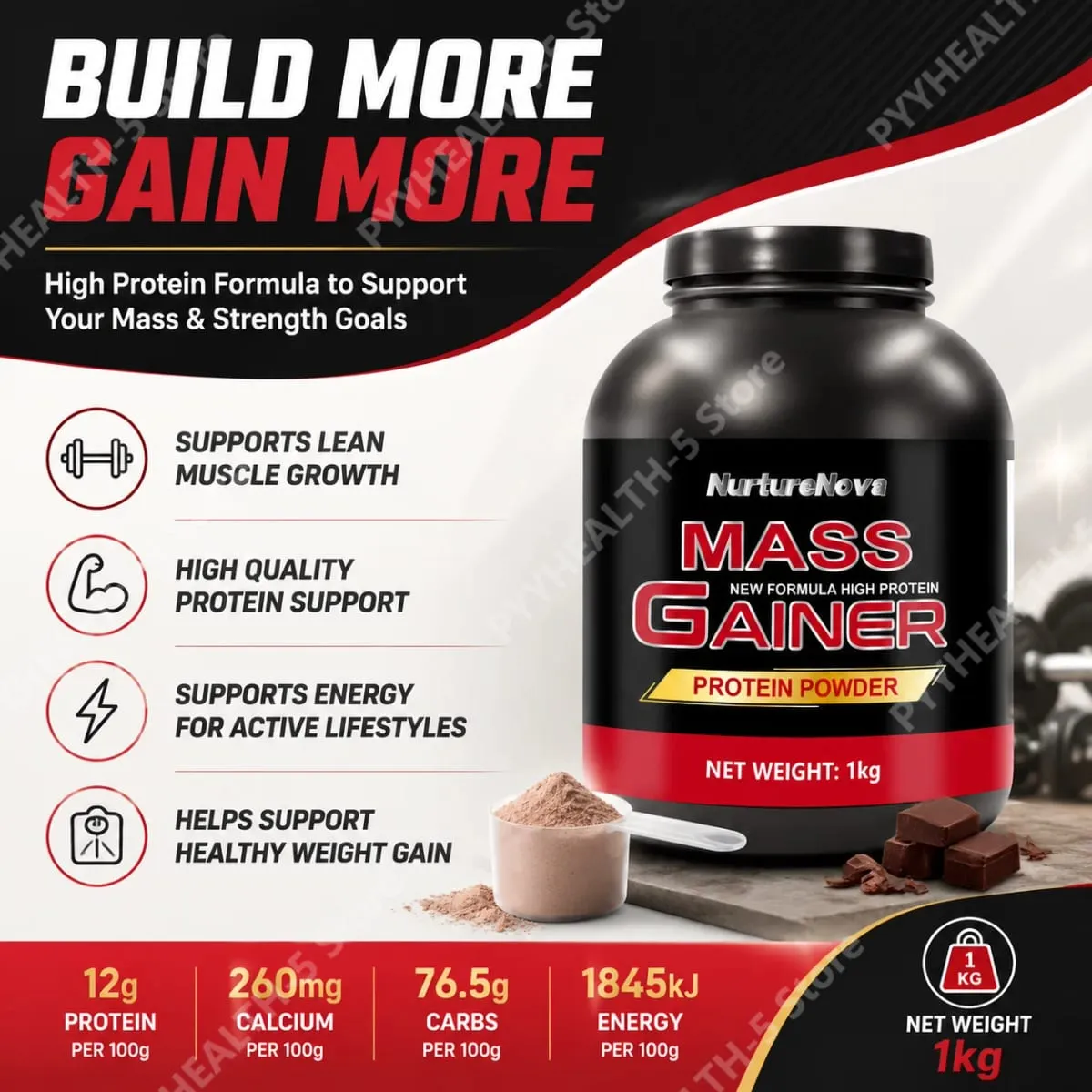 Mass Gainer Protein Powder NurtureNova New Formula High Protein for Muscle Building Support Sports Nutrition Supplement 1kg — image 4