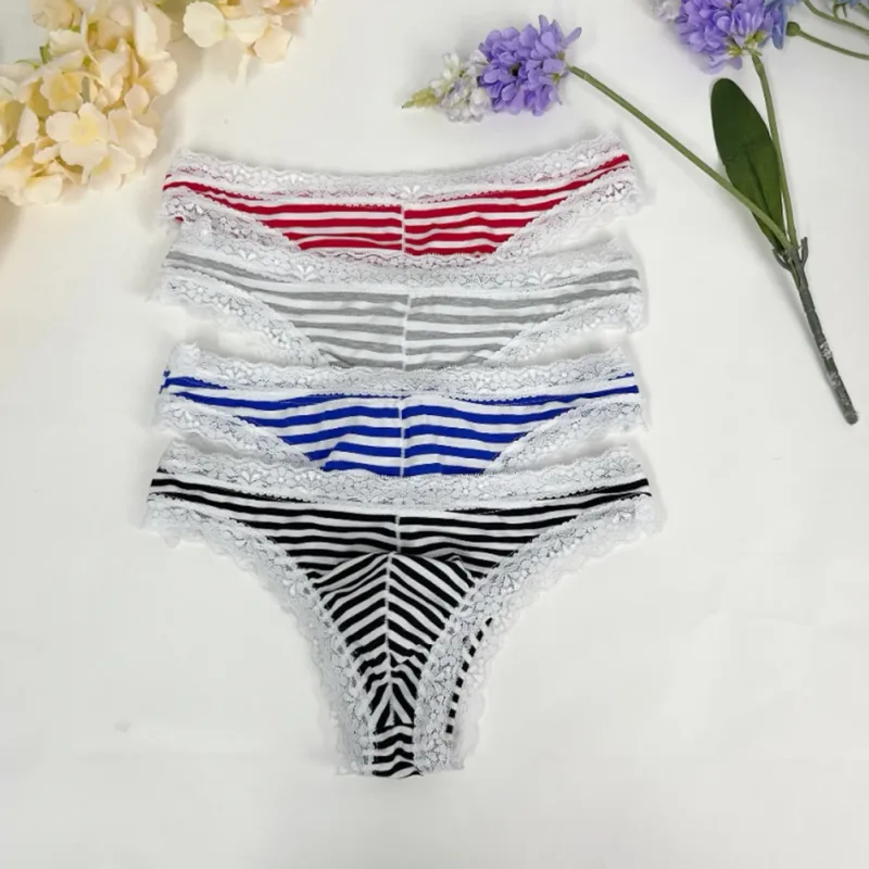 Men Lace Trim Striped G-string Underwear Half-covered Butt Low-rise Pantie Breathable Sexy U Bulge Pouch Comfortable Tong — image 5