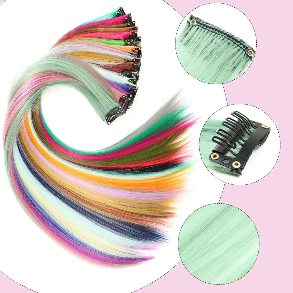 Colored Hair Extensions Synthetic 22Inch Straight Orange Green Clip in Hair Extension Rainbow Accessories Party Highlights Hair — image 4