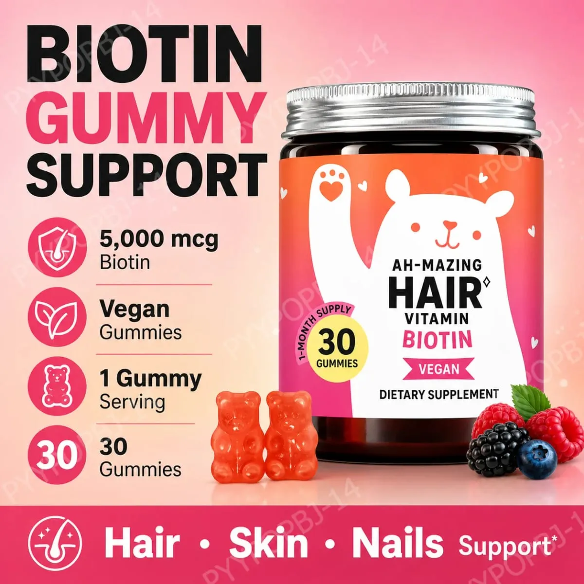 Biotin Gummies 5000 Mcg Hair Skin Nails Support Vegan Beauty Vitamins 30 Gummies Daily Wellness Supplement — image 1