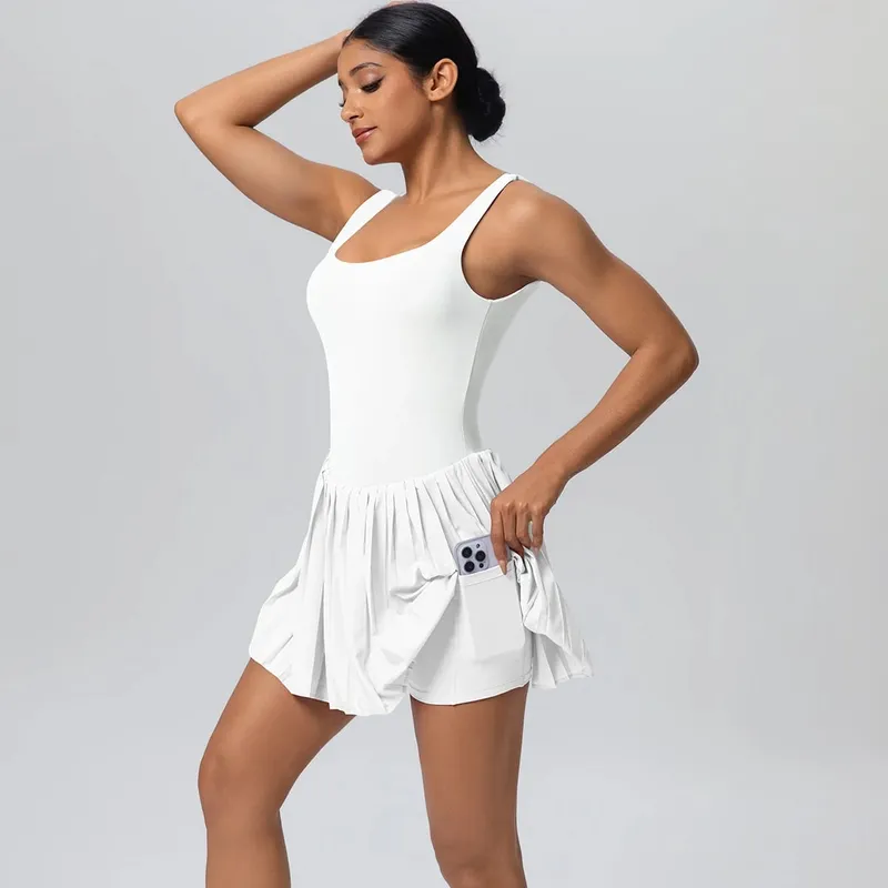 New Lifting Sports Jumpsuit Tennis Skirt With Pockets Yoga Womens Dresses Breathable Naked Feel Backless Female Sportswear — image 11