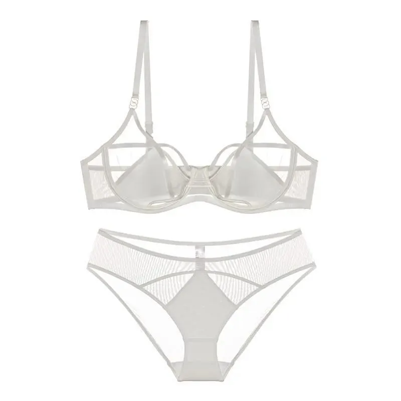 Hot Sale Sheer Mesh Lingerie Set No Padding Soft Wire Push Up See Through Floral Lace Bralette Dark Romance Style — image 3