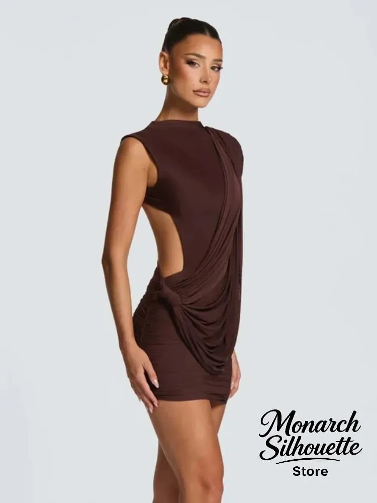 Chic Sleeveless Pleated Slim Mini Dress Women Sexy Solid Backless Hollow Out Round Collar Dresses Lady Evening Party Vestidos