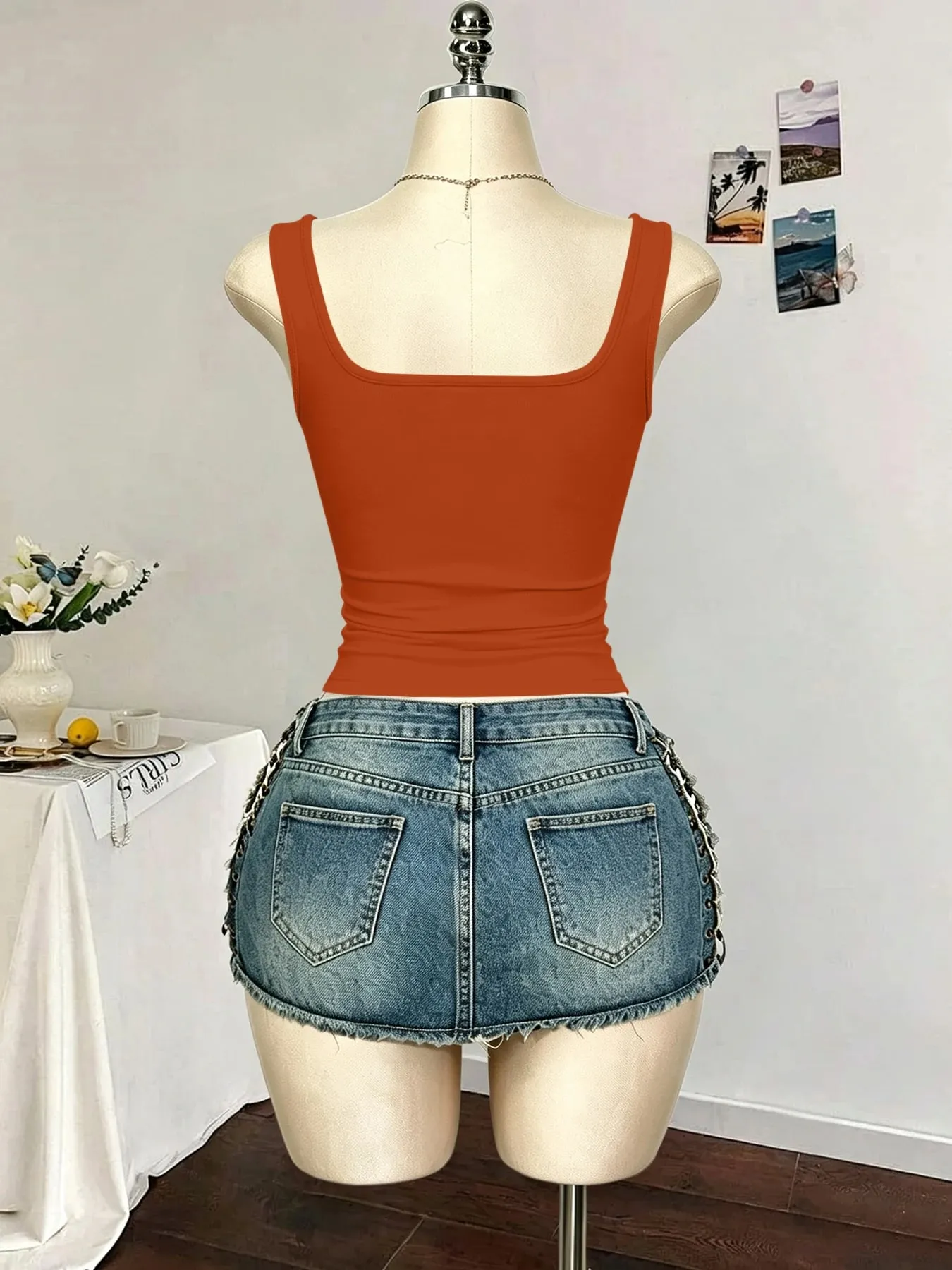 Women Square Neck Wide Strap Ribbed Tank Top Sleeveless Fitted Slim Casual Cami Top — image 4