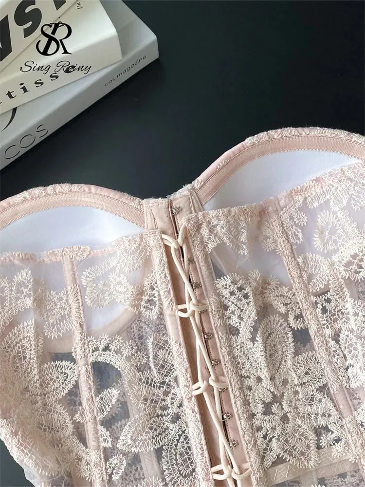 Floral Embroidery Sexy Club Top Female Strapless Slim Corset Backless Tank Top French Lace Up Basics Sheer Camisole — image 6