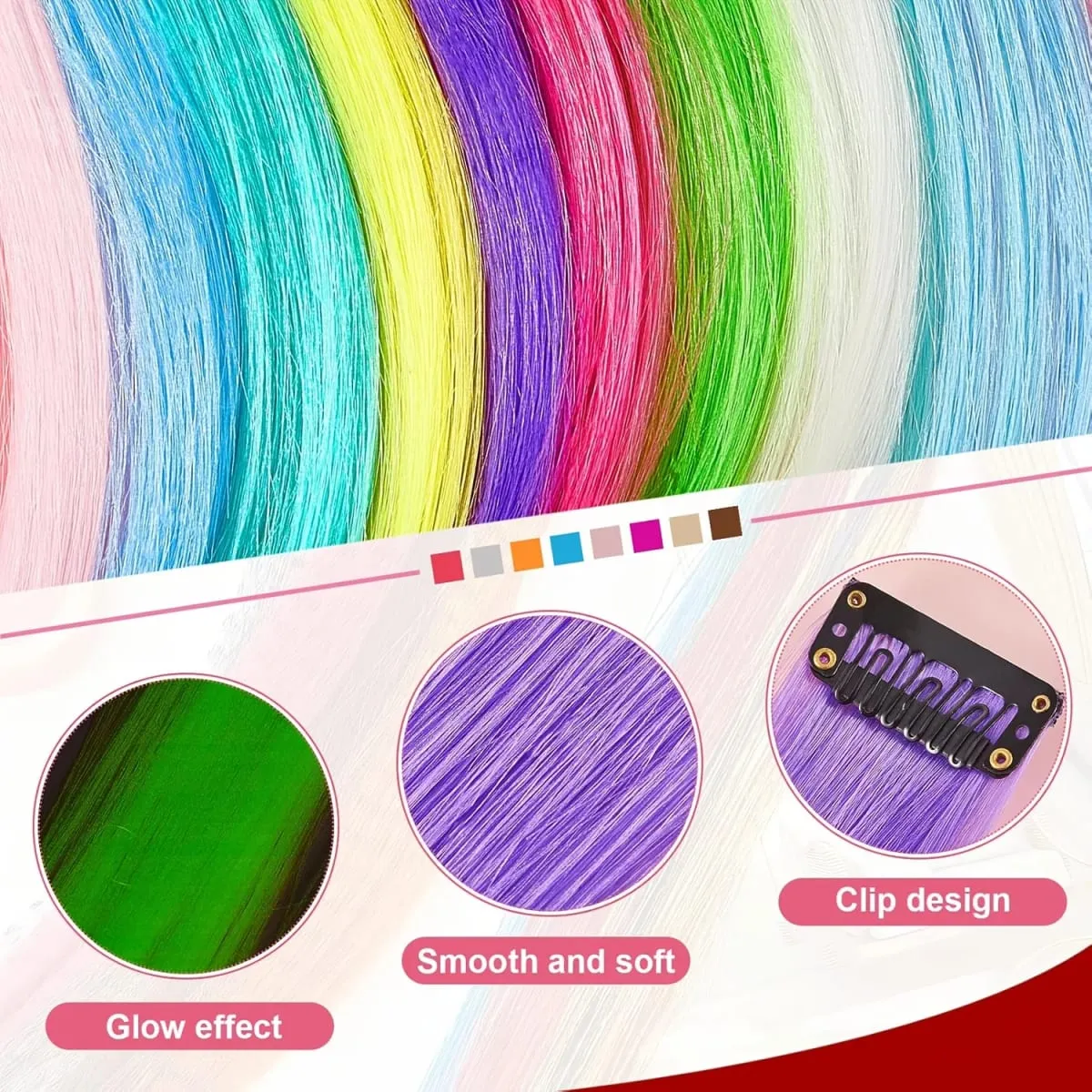 4-Pieces Synthetic Hair Extensions with Luminous Fluorescent Glow for Women - Clip-In Smooth & Soft Easy to Wear for Parties