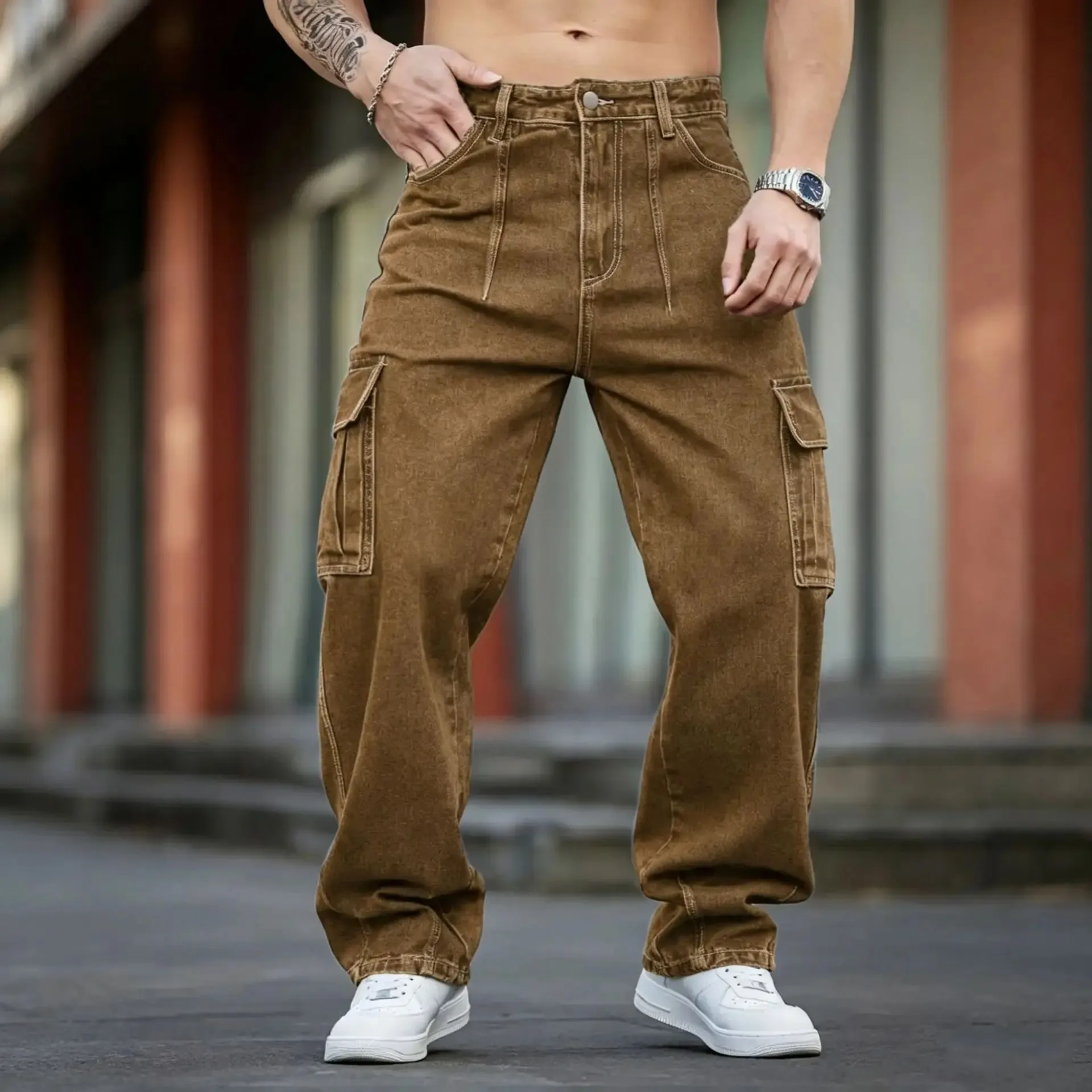 2026 New Arrival Men Cargo Jeans Multi‑Pocket Loose Wide Leg Straight Denim Pants HipHop Street Workwear Trousers — image 12