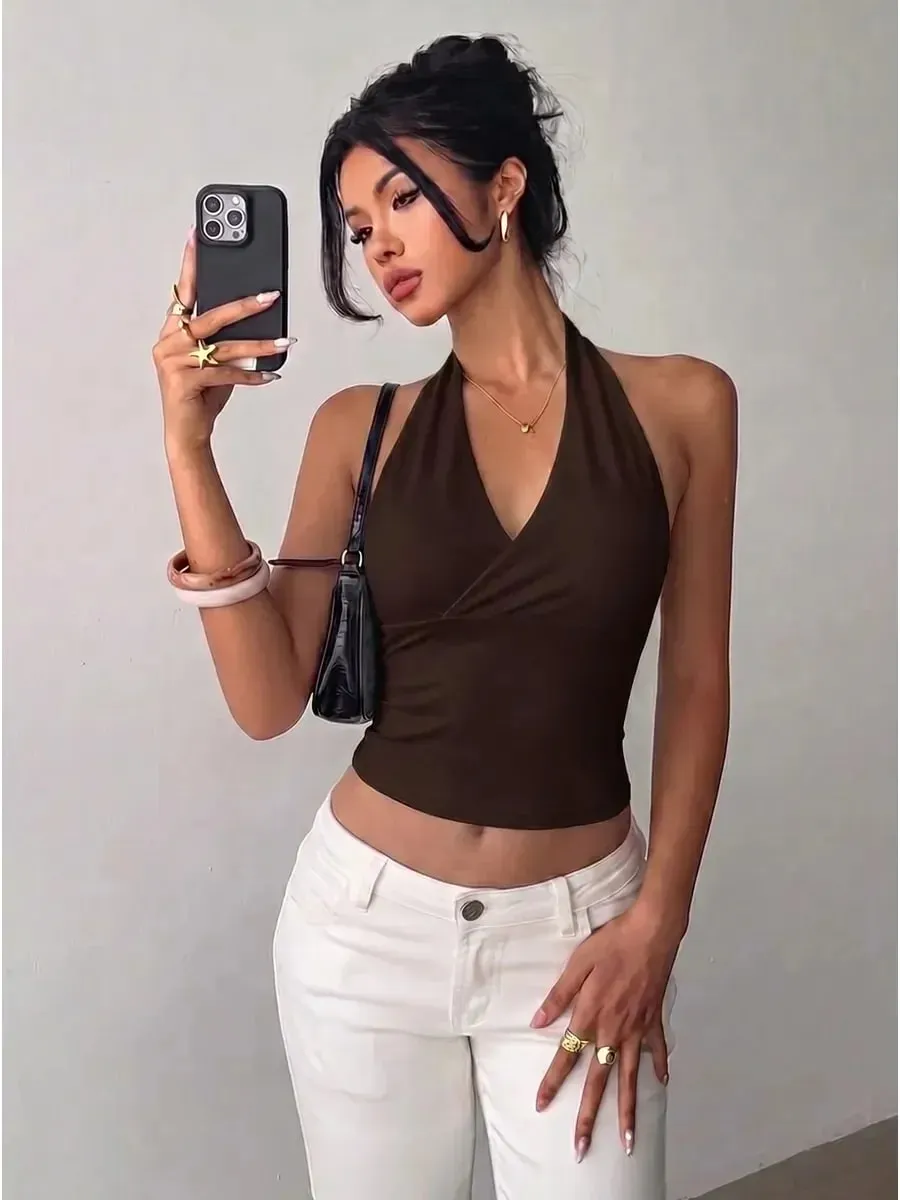 Women Solid Color Halter Neck V-Neck Sleeveless Top Summer Casual Y2K Street Style Slim fit Crop Top