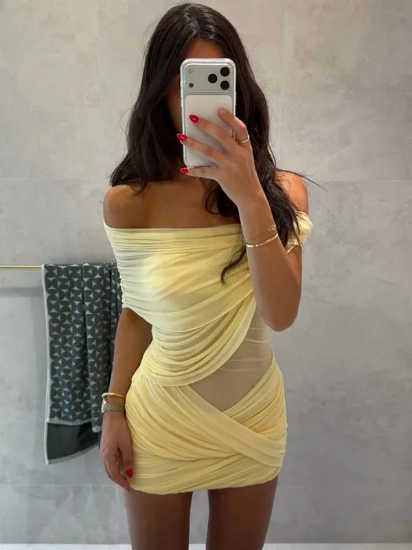 Elegante abito lungo pieghettato giallo senza spalline da donna Chic abito senza maniche solido in vita che stringe l'abito diviso 2026 abiti da sera da sera per donna — image 13
