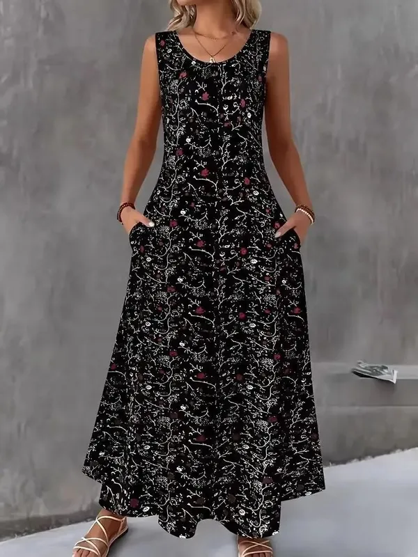 Women Summer Casual Sleeveless Floral Print Maxi Dress O Neck A-Line Long Dress With Pockets Loose Vestidos Beach Sundress — image 7