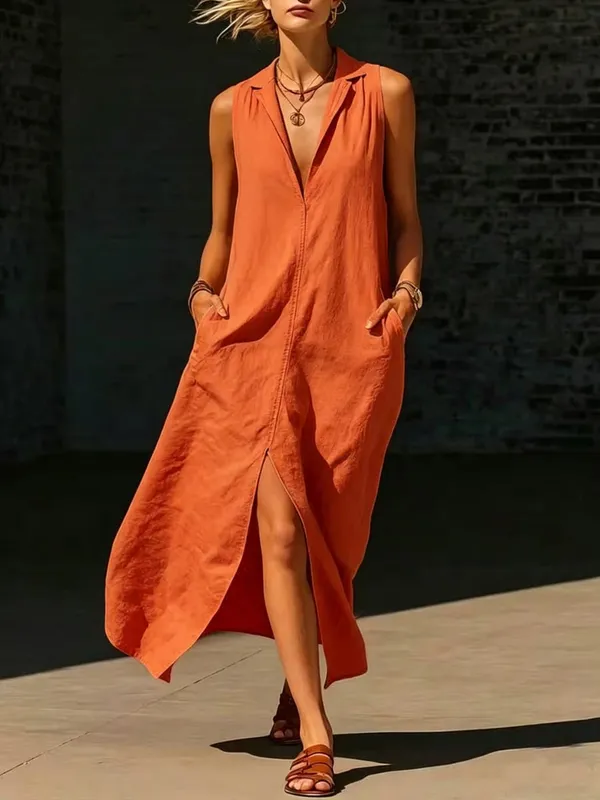 Casual Lapel Loose Sleeveless Maxi Dresses For Women Summer Tank Split Beach Long Dress Solid Colors With Pockets 2026 Sundress