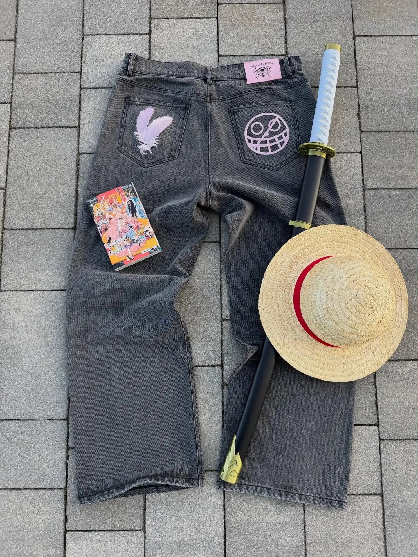 2026 Japanese style high street patchwork embroidered jeans men's goth Harajuku fashion wide leg jeans y2k retro casual pants — image 2