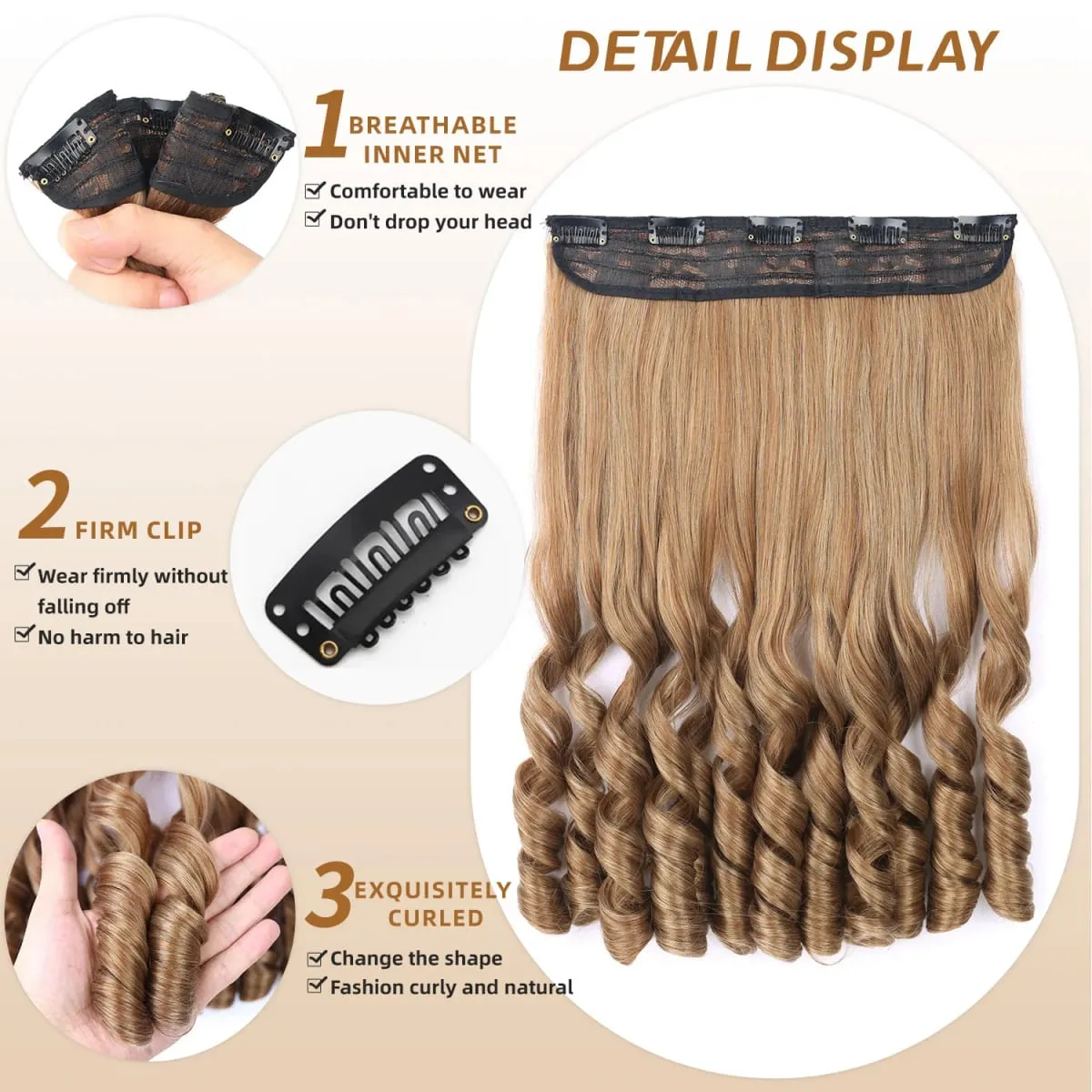 Synthetic Clip in One Piece Hair Extensions 5 Clips in one piece false hair 16inch French curl Style for women girls Daily Party — image 4