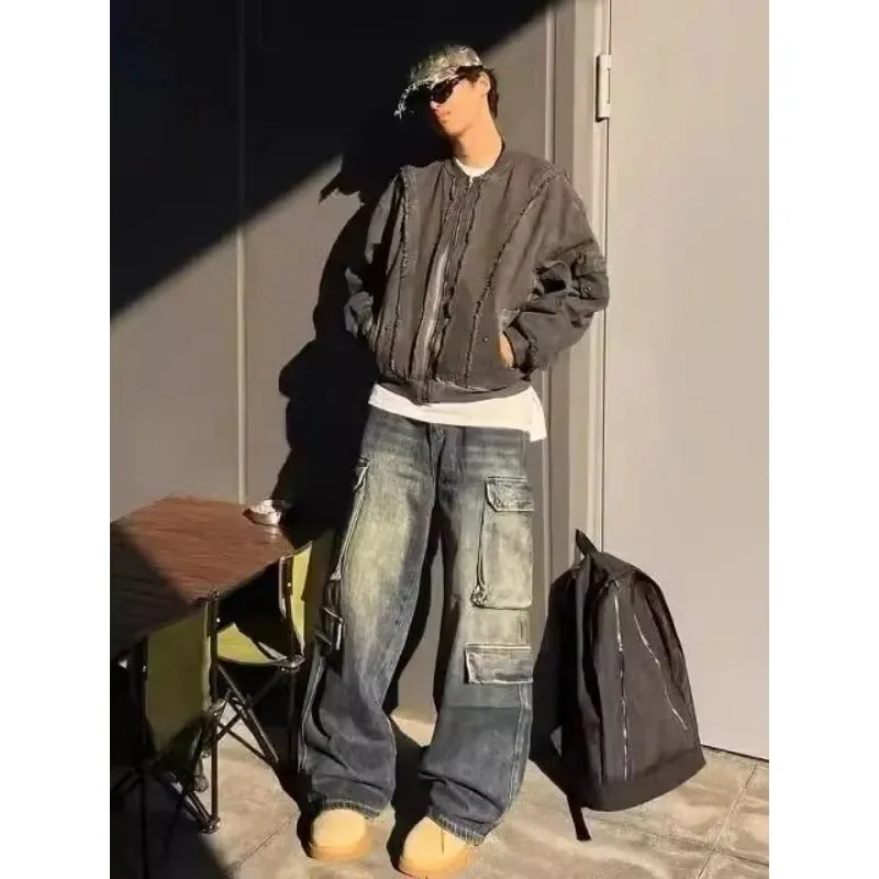 Men's Jeans Loose Fit Cargo Straight Leg Pants Vintage Wash Work Pocket Denim Trouser Man Pants Autumn Retro Streetwear