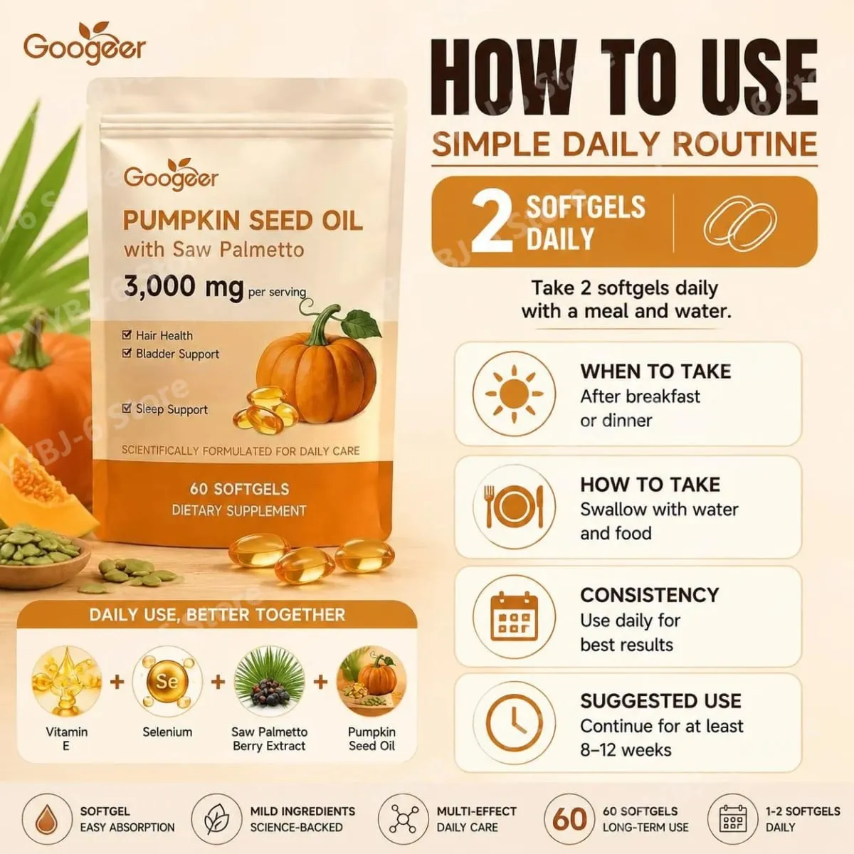 Googeer Pumpkin Seed Oil Softgels with Saw Palmetto 3000mg Hair Health Bladder Comfort Sleep Support Supplement 60 Softgels — image 5