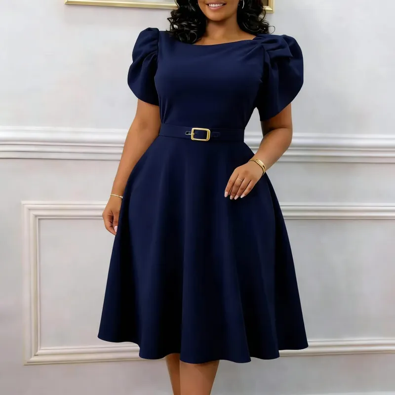 Women Dresses Solid Dress Sashes Round Neck Butterfly Sleeve Knee Length Empire Waist Slight Strech Casual Loose Fit 2026 Summer — image 3
