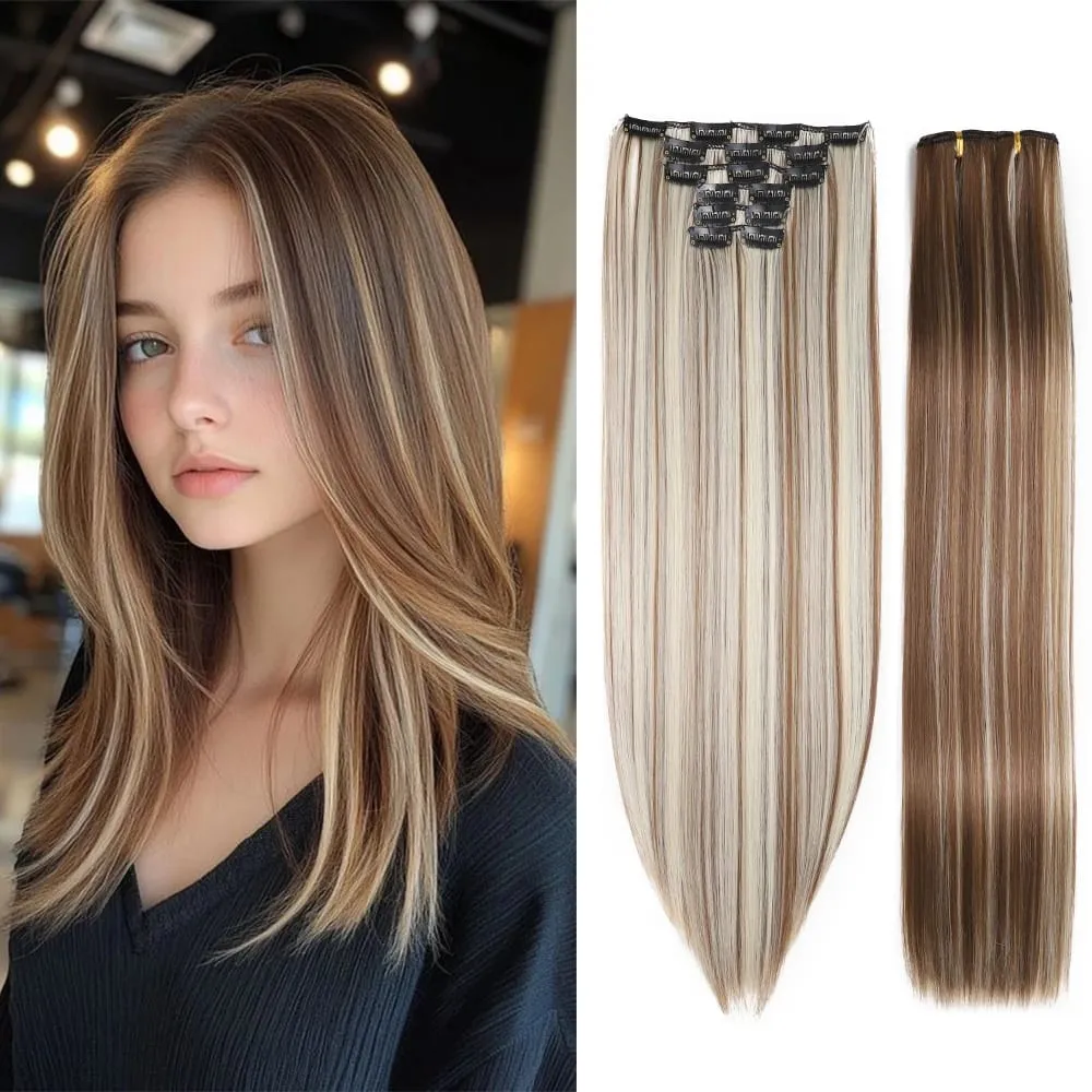 6-Piece Set 24-Inch Synthetic Clip-On Hair Extensions Straight Hair Removable Lightweight Synthetic Wig Women's Exclusive — image 1