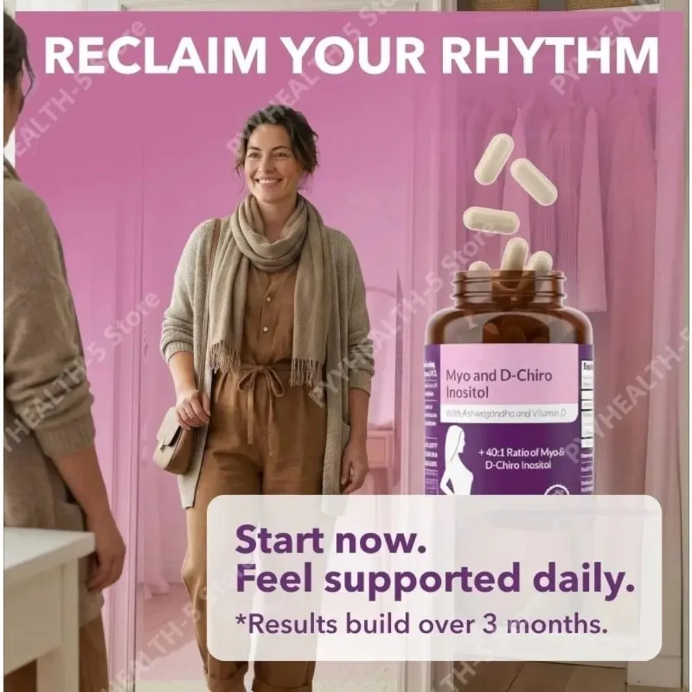 Cápsulas de Myo-Inositol e D-Chiro Inositol 40:1 Vitamina D3 Ashwagandha Suplemento diário de bem-estar com 120 contagens — image 4