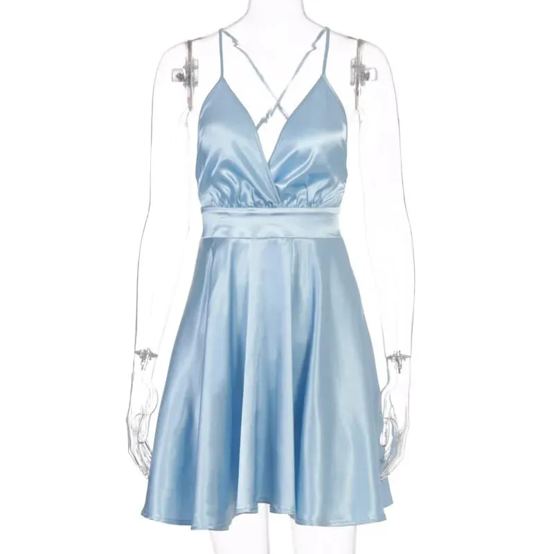 Summer Sexy 2000s European and American Solid Color V-neck Bow High Street Vintage style emo Strap Dress Strap A-line short Dres — image 7