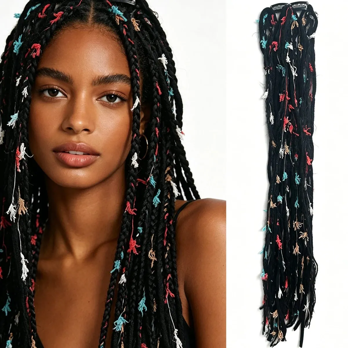 Synthetic 2Pcs Wool Yarn Dreadlock Clip Hair Extensions Maillard Long Boho Tassel Colored Vintage Braids Hair For Woman — image 10