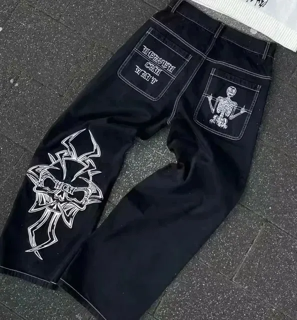 Black Winged Angel Skull Embroidered Baggy Denim Jeans Men Y2K Streetwear Vintage Oversized Cotton Casual Hip Hop Fashion Pants — image 11