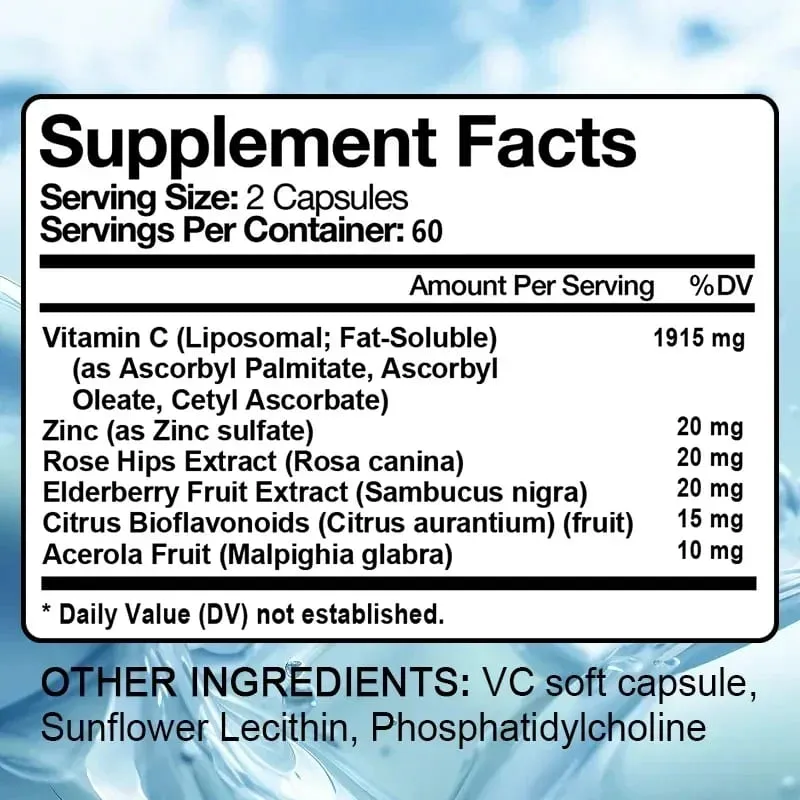 Vitamin C 2000 mg fördert die Kollagenproduktion. Liposomales Vitamin C-Nahrungsergänzungsmittel, gentechnikfrei und glutenfrei, vegetarisch — image 6