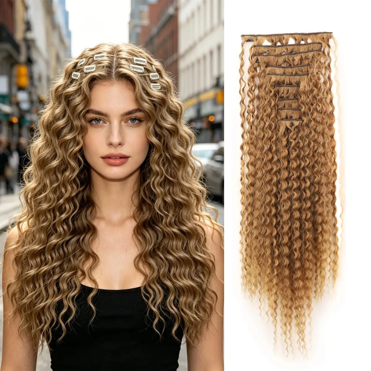Jeedou Deep Wavy Curly Hair 9Pcs Set Clip-in Hair Extensions Hairpieces with 18 Clips Brown Color Synthetic Hair For Women