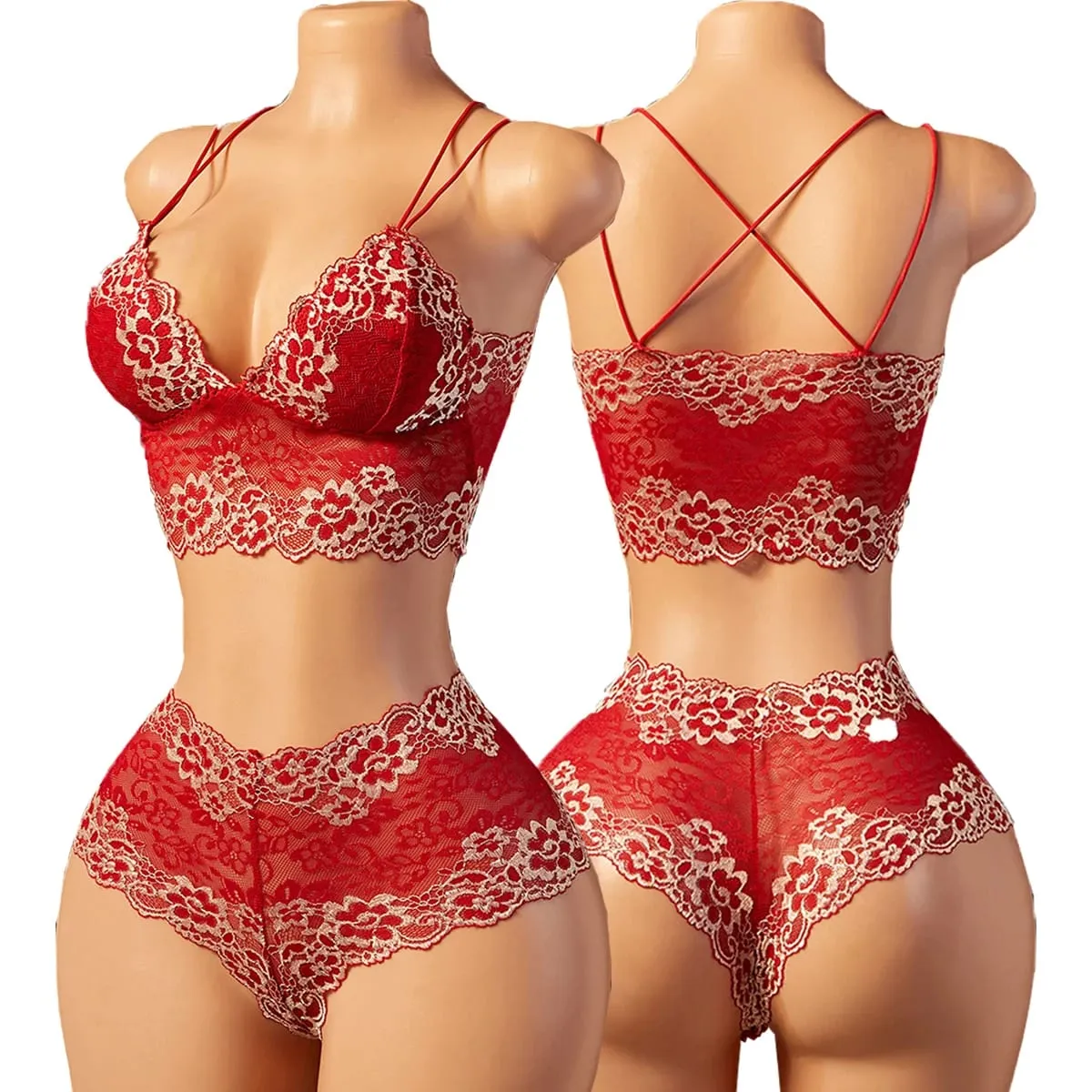 Colorblock Lace Lingerie Set Sheer Deep V Bralette Criss Cross Open Back Strappy Boudoir 2PC — image 1
