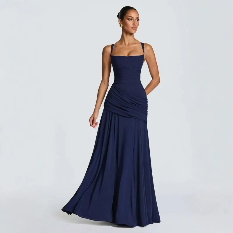 Sexy Solid Pleated Sling Dress Women Elegant Square Neck Sleeveless Waist-cinching Maxi Dresses 2026 New Summer Lady Party Robe
