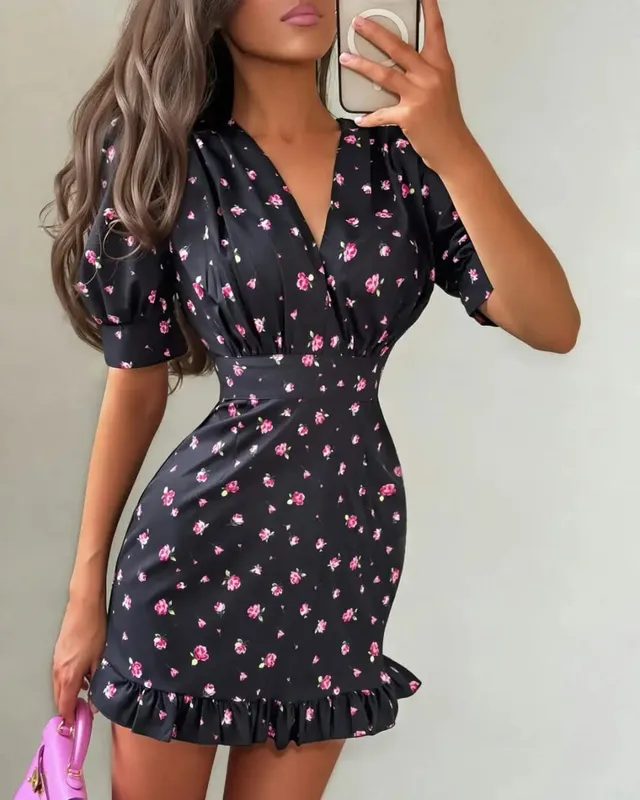 Chic Strawberry Print Ruffle Dress 2026 Deep V Neck Long Puff Sleeve Ruched Waist Mini Dresses Spring Sweet Café Meetup Vestido — image 15