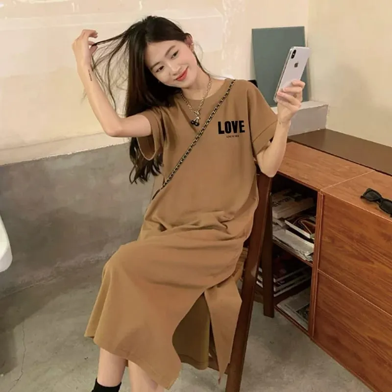 Women Plus Size LOVE Print Casual Maxi Dress Side Split Short Sleeve O-neck Loose T-shirt Dress — image 5