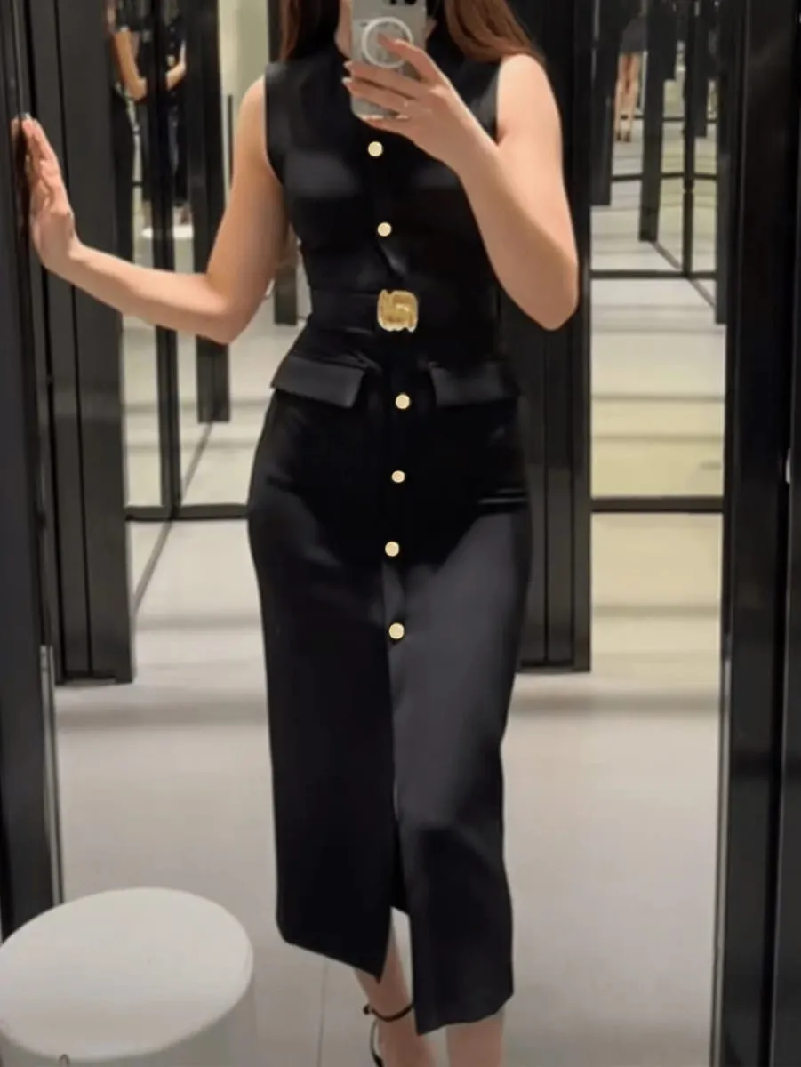 Sleeveless Button Down Ashirtdress with Belt Solid Color Front Slit Elegant for Office Party Dresses Luxury 2025 Ashirtwaister — image 7