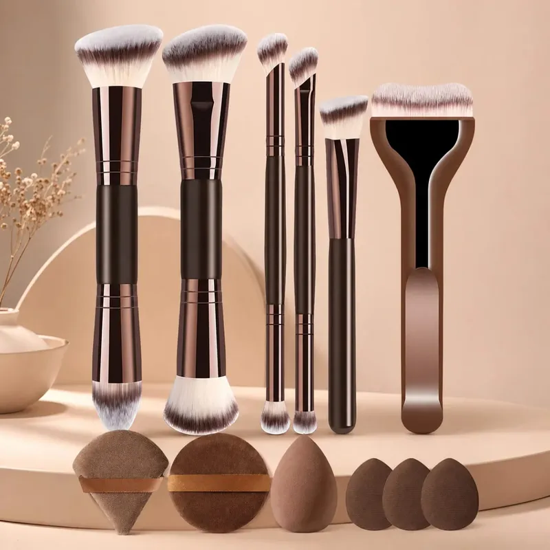 12-Piece Makeup Brush Set With 6 Flat and Round Brushes and 6 Sponges for Foundation Powder Blush and Eyeshadow