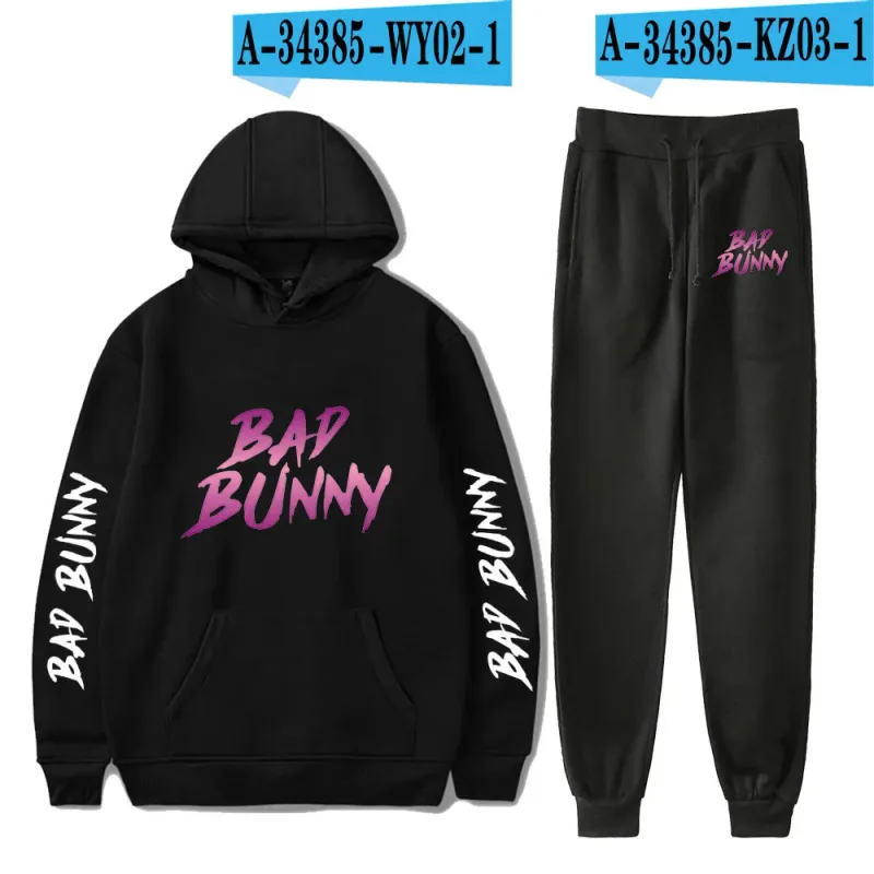 Harajuku Comfortable Funny bad bunny Print Sweatshirt Sweatpants Suit Men/Women Hoodies+ Trousers Suit Cute 2 Piece Set Clothes — image 50