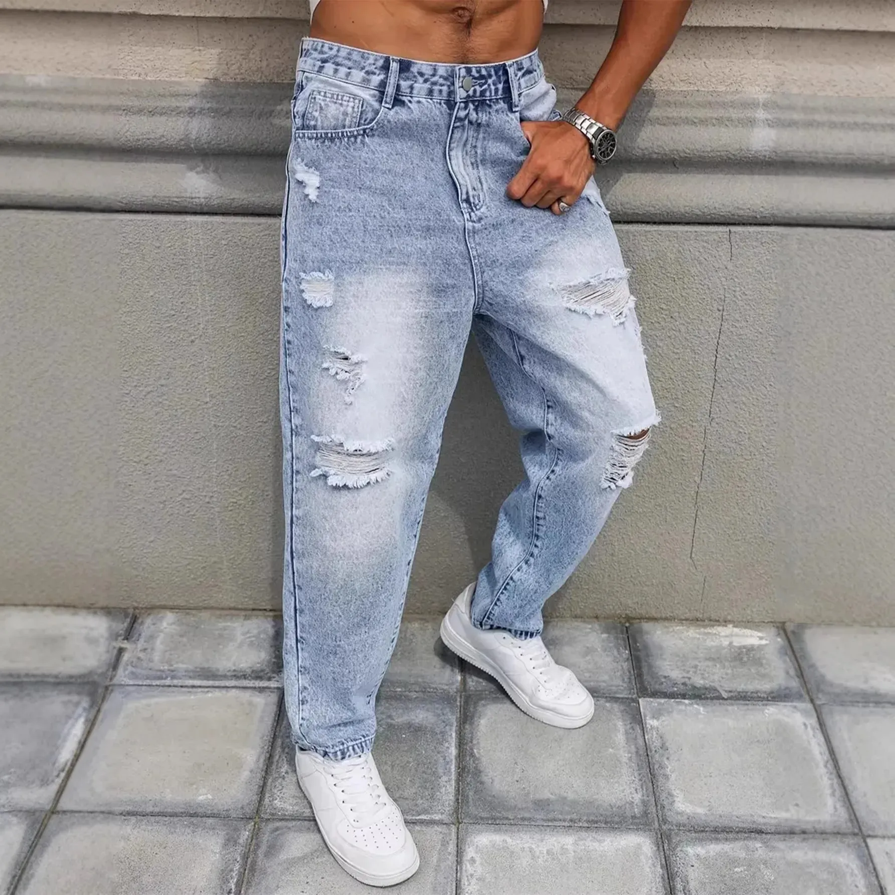 Light Blue Washed Ripped Frayed Denim Jeans For Men Non Stretch Straight Leg Loose Baggy Distressed Pants Vintage Y2K Hip Hop Da — image 3