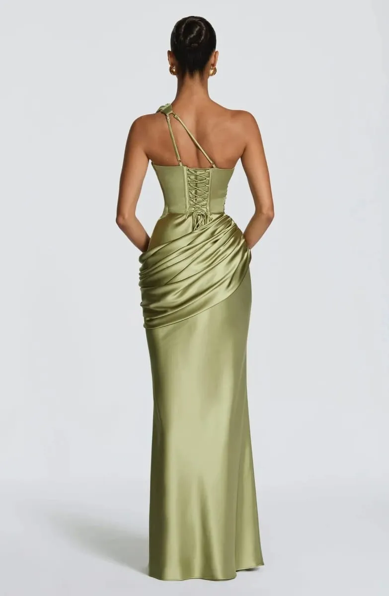Women Green Ruched Elegant Satin Maxi Dress Mermaid One-shoulder Cutout Slim Fit Flowy Vestido 2026 Lady Summer Evening Vestidos — image 2
