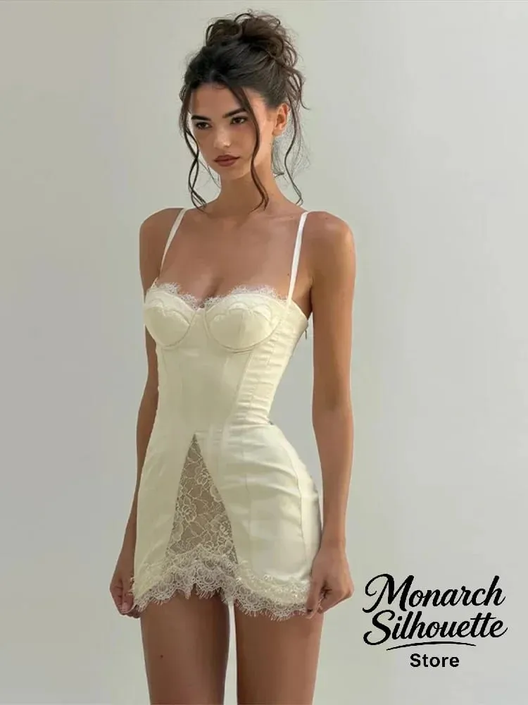 Solid Satin Lace Corset Mini Dress Women Sexy Spaghetti Strap Sheer Panel Slim Fit Short Dresses 2026 Trendy Lady Night Out Wear