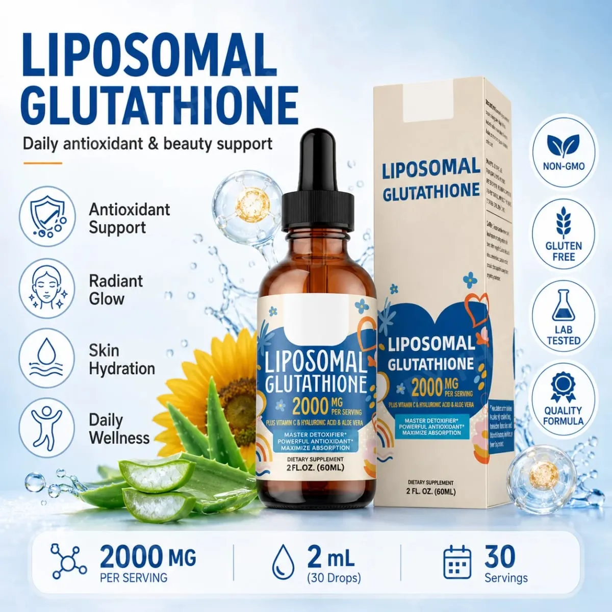 Liposomal Glutathione Liquid Drops 1500mg with Vitamin C Hyaluronic Acid & Aloe Vera for Beauty Glow and Hydration Support — image 1