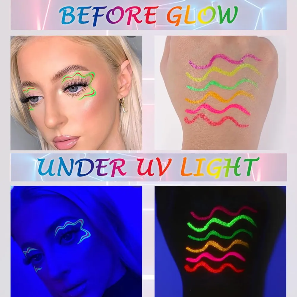 6Pcs Neon Fluorescent UV Glow Eyeliner Waterproof Long Lasting Colorful Liquid Eye Liner Rave Party Halloween Makeup Tools — image 2