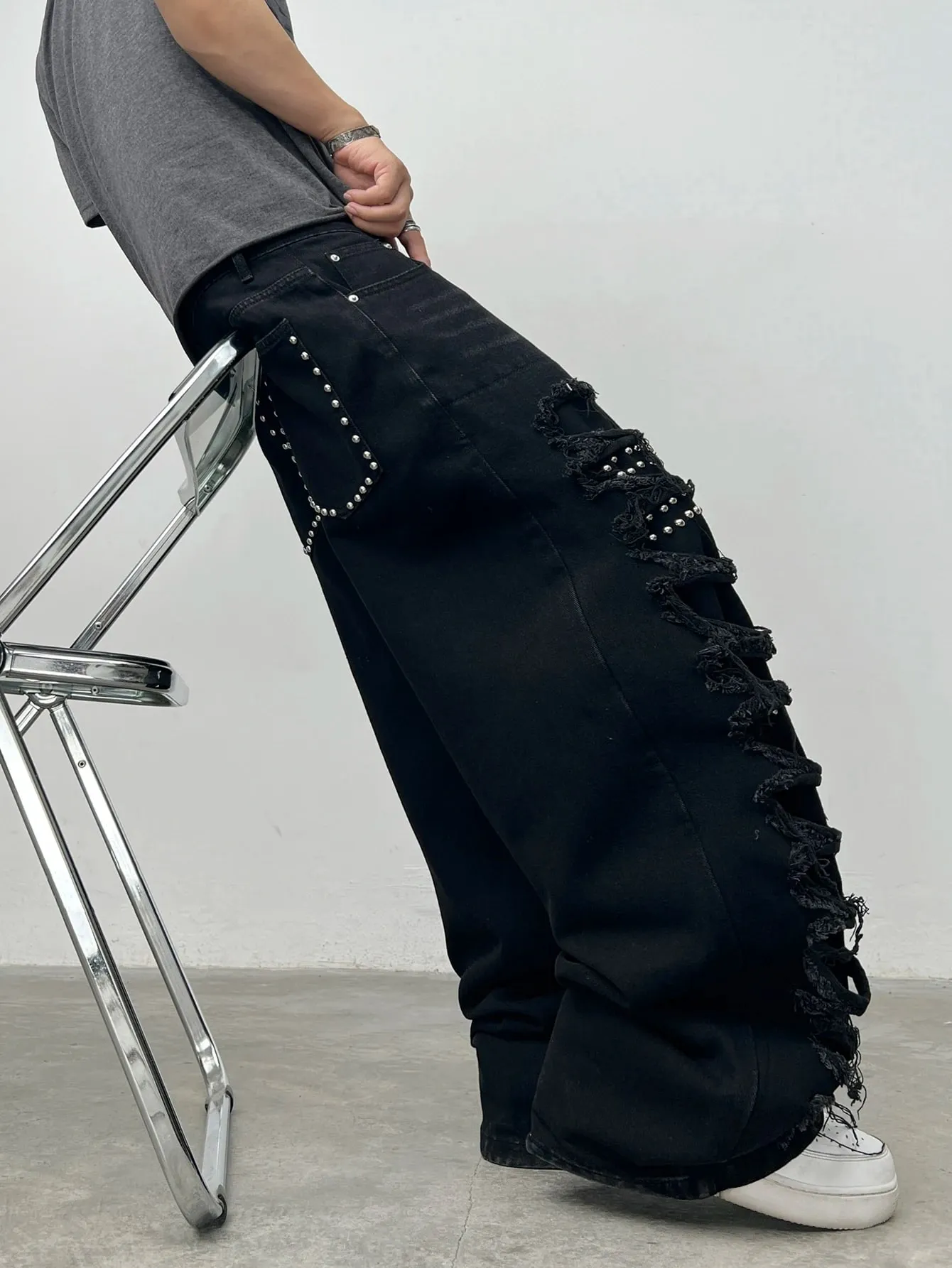 American High Street Double-Layer Patch Ripped Studded Design Black Men's Loose Jeans Y2K Street Hip-Hop Fashion Wide-Leg Pants — image 5