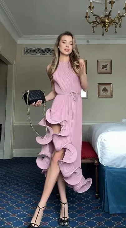 Elegante abito irregolare con volant al collo da donna Chic senza maniche con spalle scoperte Abiti longuette con lacci 2026 Abiti da sera da donna — image 7