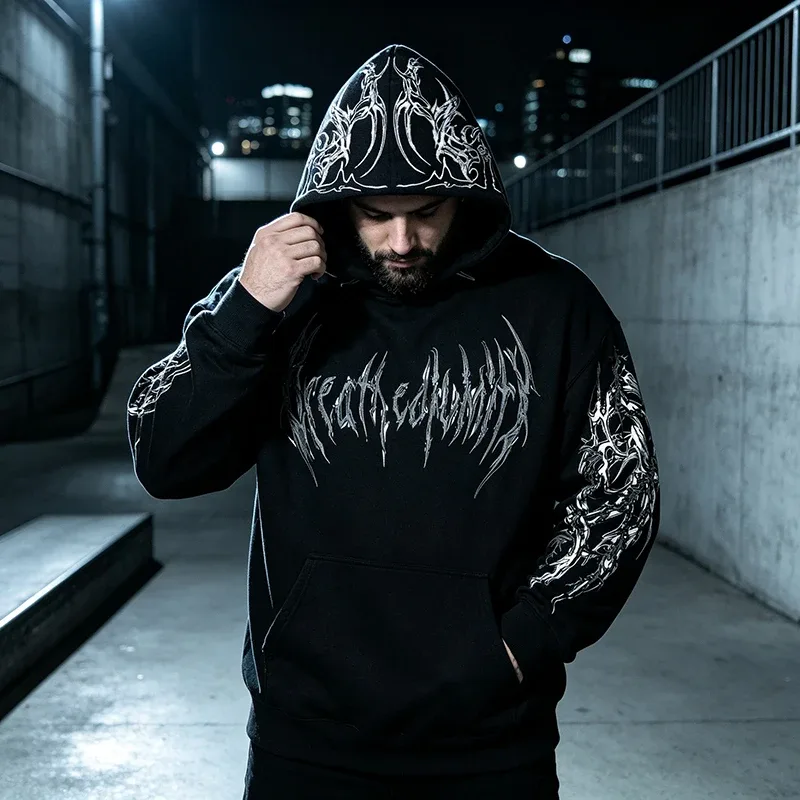 Men Alt Gothic Pullover Hoodie Y2k High Street American Style Dark Thorn Print Fleece Lined Loose Biker Fall Winter Sweatshirt — image 21