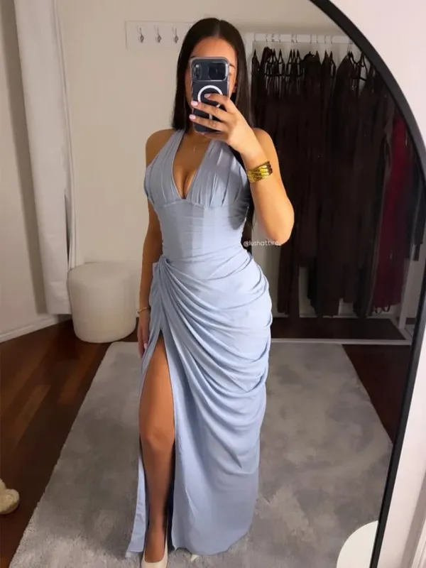 Elegante abito lungo pieghettato giallo senza spalline da donna Chic abito senza maniche solido in vita che stringe l'abito diviso 2026 abiti da sera da sera per donna — image 24