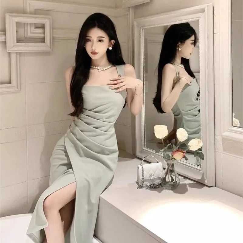 ผู้หญิงพรีเมี่ยมสีเขียวอ่อน Draped สแควร์คอกลางลูกวัวชุดเลดี้ Elegant แขนกุดด้านข้าง Slit หญิงฤดูร้อนชุดกระชับ — image 2