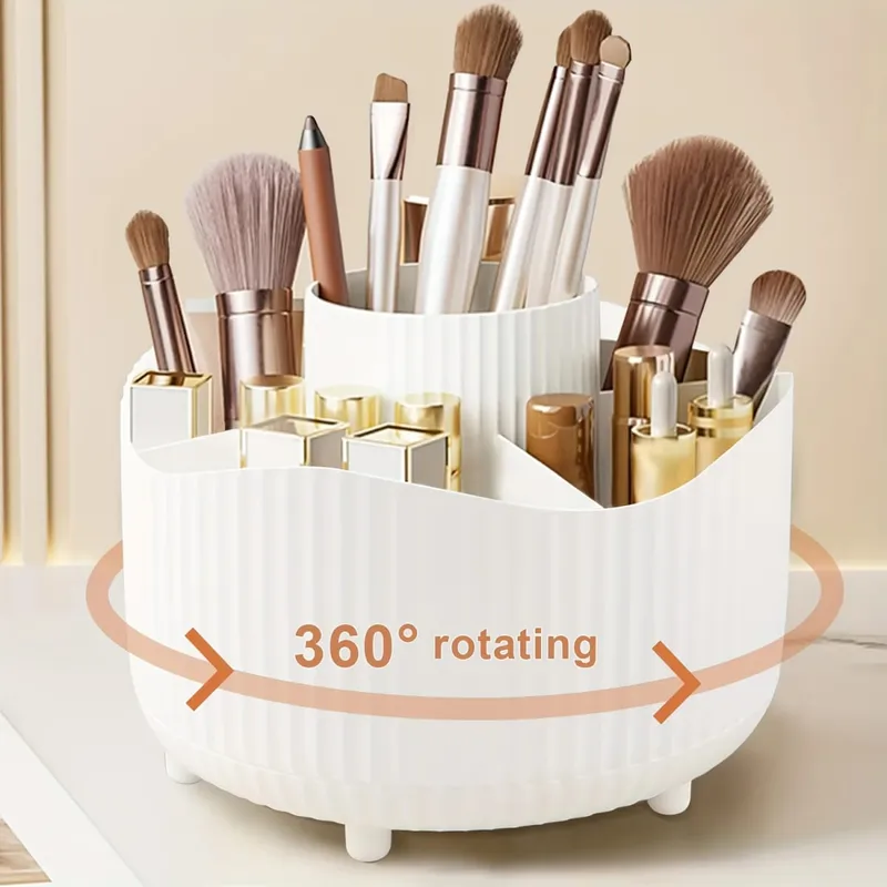 360-Degree Rotating Makeup Organizer 5 Slot Plastic Cosmetic Storage Elegant Stripe Versatile Holder for Brushes Office Supplies — image 11