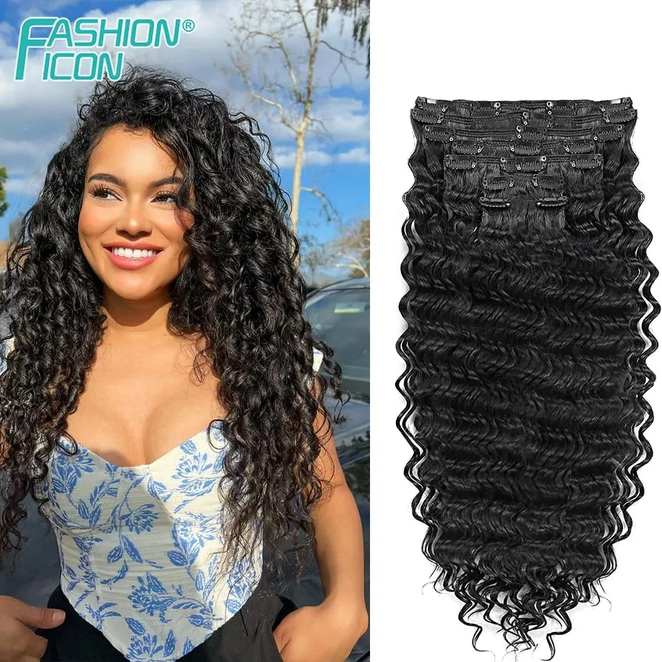 24 Inch Deep Wave Clip In Hair Extensions Synthetic Ombre 7Pc/140g Full Head Curly Hairpieces Heat Resistant Fake Hair for Women — image 10