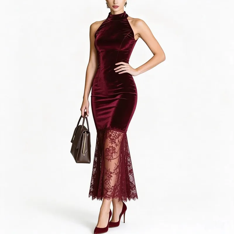 Solid Burgundy Velvet Sleeveless Midi Dress High Neck Halter Bodycon Lace Mermaid Hem Night Out Cocktail Party Dress